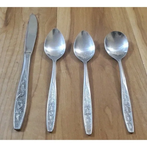 Vintage Customcraft Stainless Steel 4 Piece Flatware Lot Roses Pattern