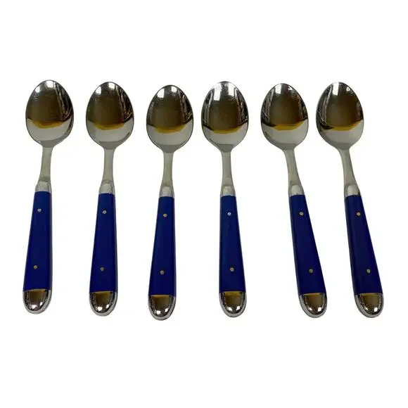 Oneida Palette Cobalt Blue Stainless Riveted 6 Oval Spoons Glossy Silverware