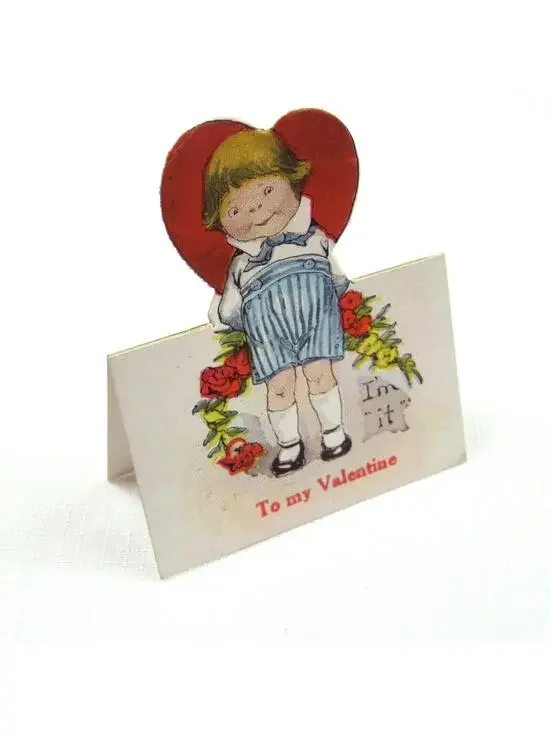 Vintage Valentine Cutout Card Stand Up Blonde Boy w/ Flowers 1920s-30s UNSIGNED