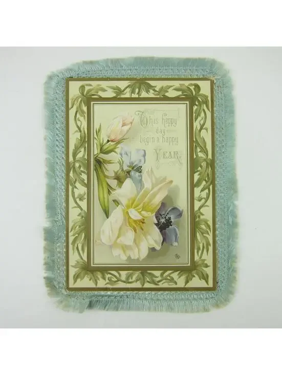 Victorian Card XL New Years Flowers Blue Silk Fringe Double Sided Antique 1886