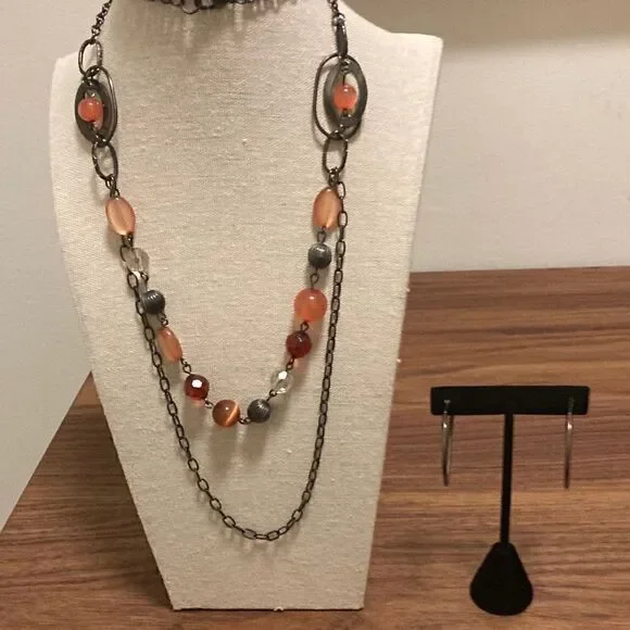 Set of Glass Beaded Dual Layered Necklace & Matching Hoop Earrings.
