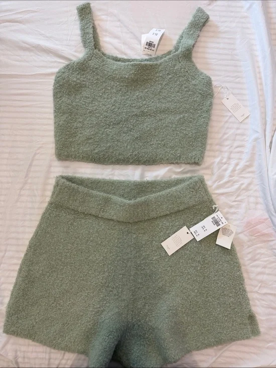 Abercrombie & Fitch Sage Green Fuzzy Knit Shorts Set with matching top