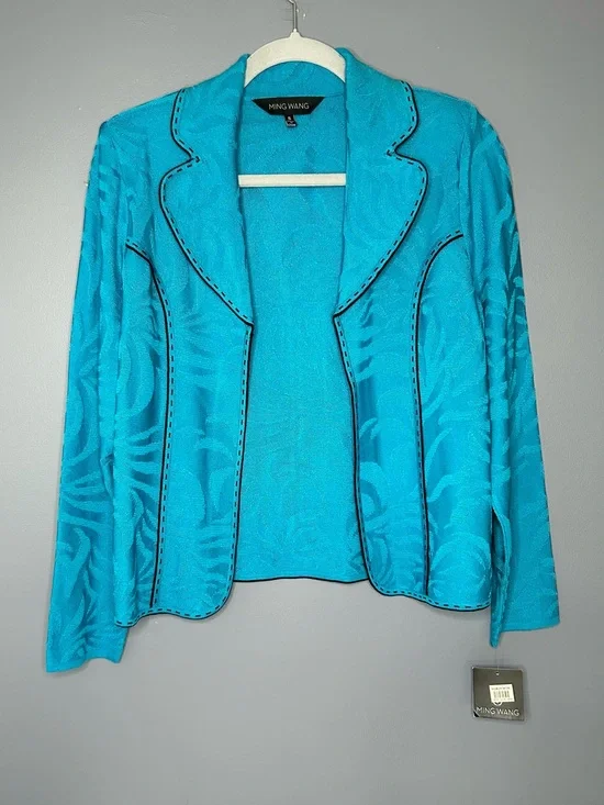 Ming Wang Sweater Set 2 Piece Blazer/Jacket & Matching Camisole Top Blue Small