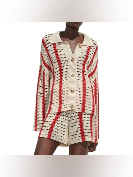 Red & white striped crochet knit button cardigan & high waist short matching set