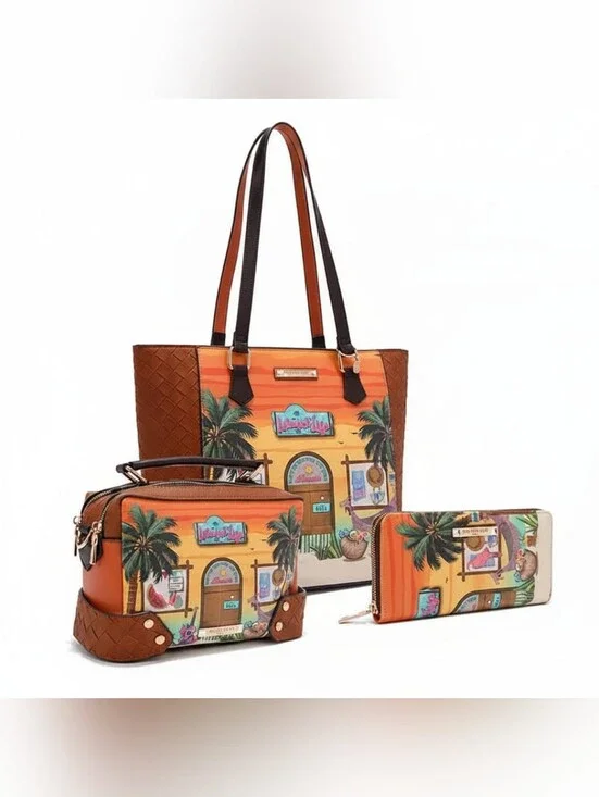 Nicole Lee 3 Piece Set Sun and Sand Matching Wallet Crossbody Shoulder Bag Purse