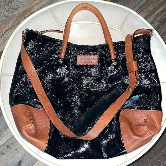 Kate Spade NY Black Patent Brown Leather Combo Court Tote Zip Shoulder Bag