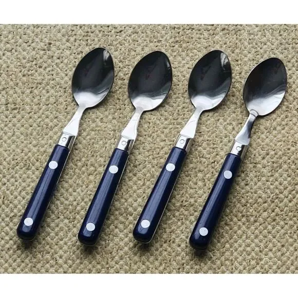 4 Teaspoons Stainless Inox 18/0 Blue Plastic Handle 2 Rivets 6