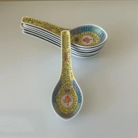 China Jingdezhen Wanshou Porcelain Soup Spoons Yellow Hand Painted Set of 7
