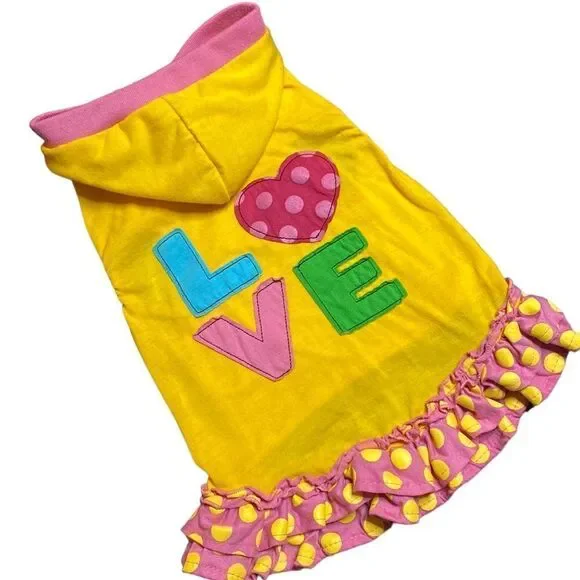 LOVE Embroidered Pink Yellow Polka Dot Dog Dress