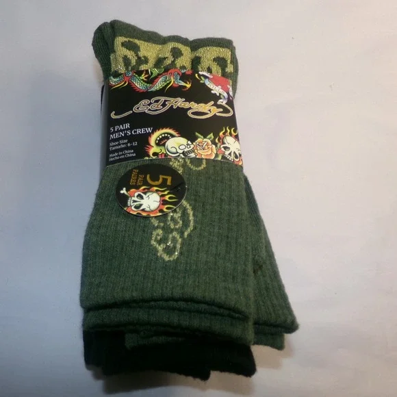 Ed Hardy Mens Crew Socks 5 Pair Pack Black Green Skull Tattoo Logo