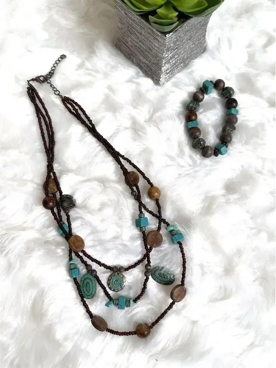 Bohemian Style Turquoise and Brown Beaded Necklace with Matching Bracelet Set