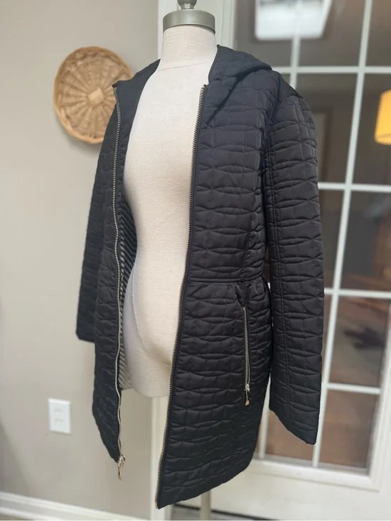 Kate Spade Black Quilted Hooded Puffer Coat Striped Lining Small