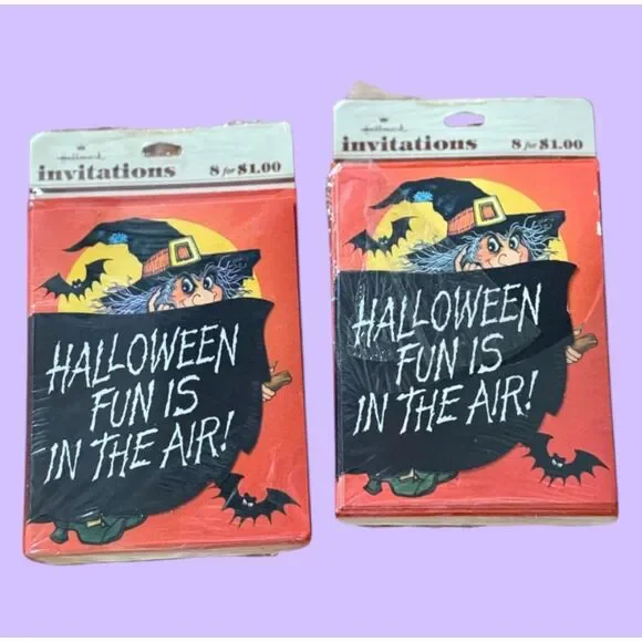 2 Vintage Hallmark Halloween Invitations Packs Witch Bat Sealed & Opened NOS