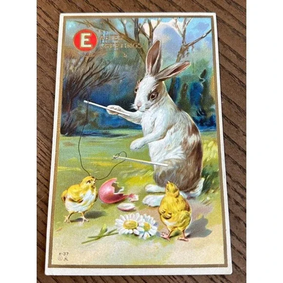 Antq Embossed Easter Rabbit Plays Diabolo Sticks Broken Eggs Postcard Nash E37