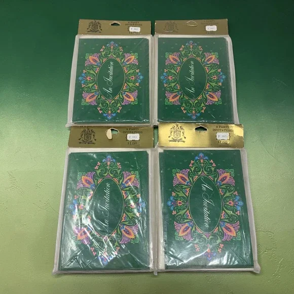 Lot 4 Vintage Lilac Hedges Party Invitations Sealed NOS Preppy Green Stationery