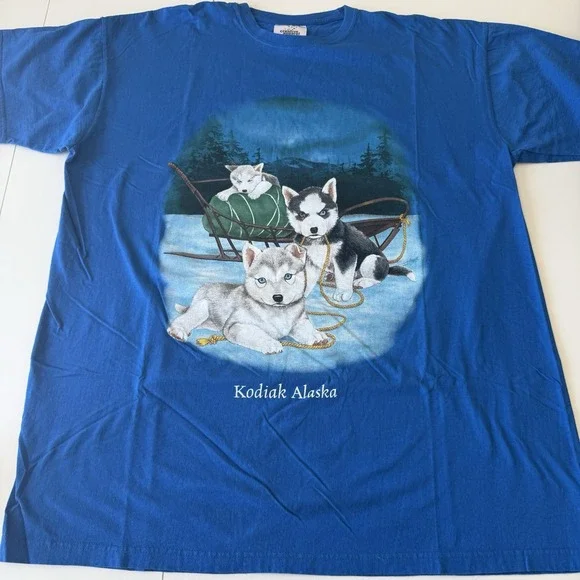 Kodiak Alaska Husky Sled Dog Blue Graphic T‎ Shirt See Measurements For Size