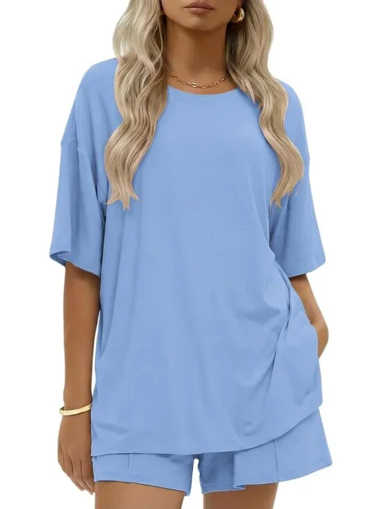 Womens Cotton 2 Pieces Short Sets Summer Short Sleeve Outfits Casual Matching Lo