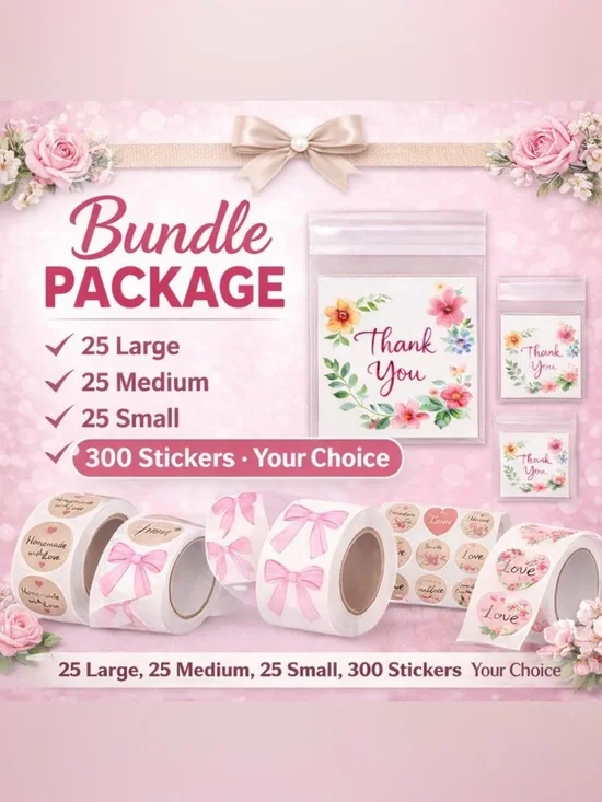 Bundle Self Adhesive Bags “Thank You “ and Roll Sticker 300pc