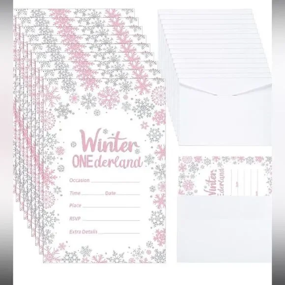 25 Pcs Winter Onederland Invitations First birthday Snowflakes Silver Pink