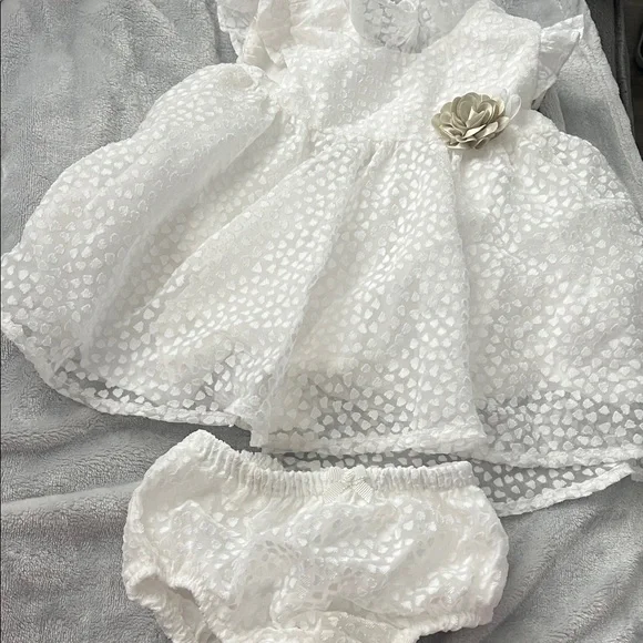 Mayoral White Textured Dress and Bloomers Set with Flower Accent