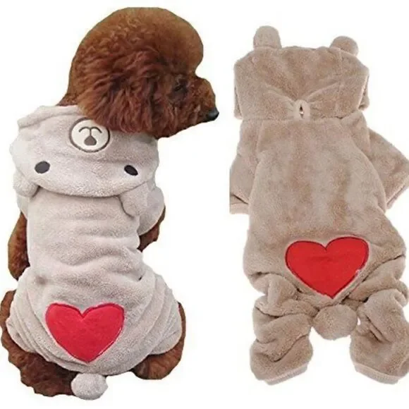 XS/S Dog Fleece Onsie, Hooded Bear Ears, Heart, Like New