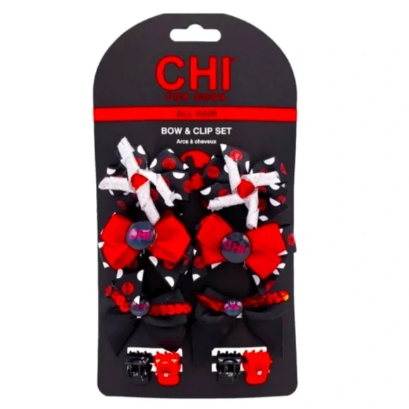 CHI For Dogs Bow & Clip Set Pet Grooming‎ Products Red Black White Pet Hair Bows