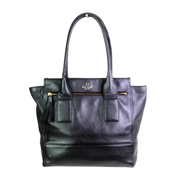LARGE kate spade NY BLACK REAL LEATHER LOGO SATCHEL SHOULDER BAG HANDBAG PURSE
