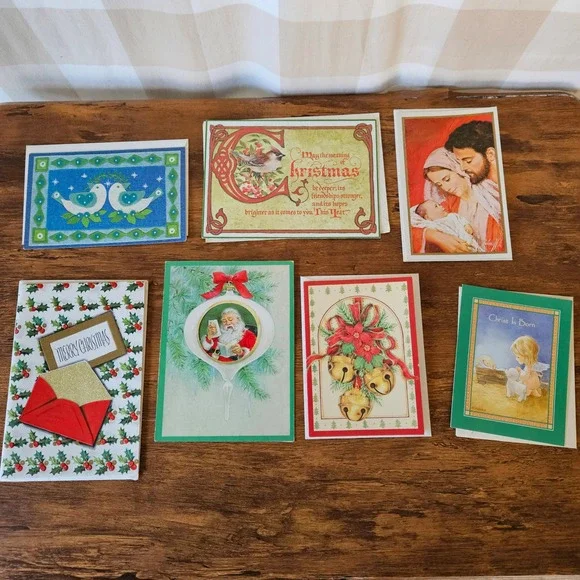 Vtg 70s 80s Christmas Greeting Cards Lot 7 Assorted Religious Santa Birds Unused