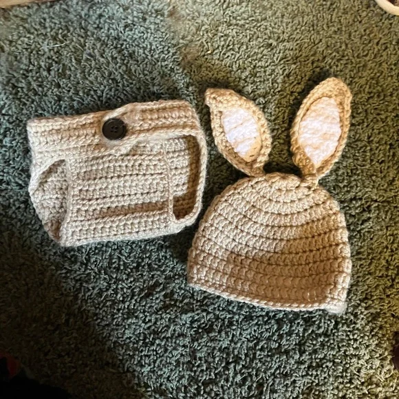 Crochet Bunny Ear Hat and Diaper Cover Set - Tan