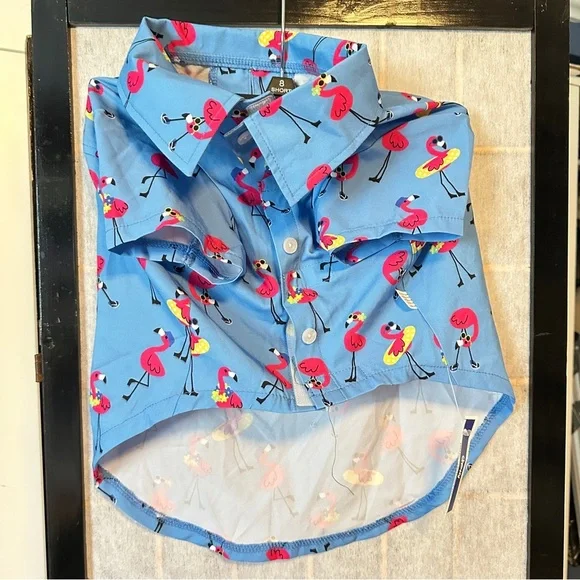 Dog shirt Blue Flamingo Print Button-Up Shirt