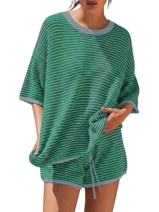 Womens 2 Piece Striped Short Sets 2026 Summer Matching Lounge Cruise Beach Outfi