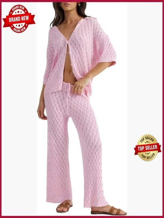 Women's Button Front Short Sleeve Top & Wide Leg Pants Lounge Set Matching 2