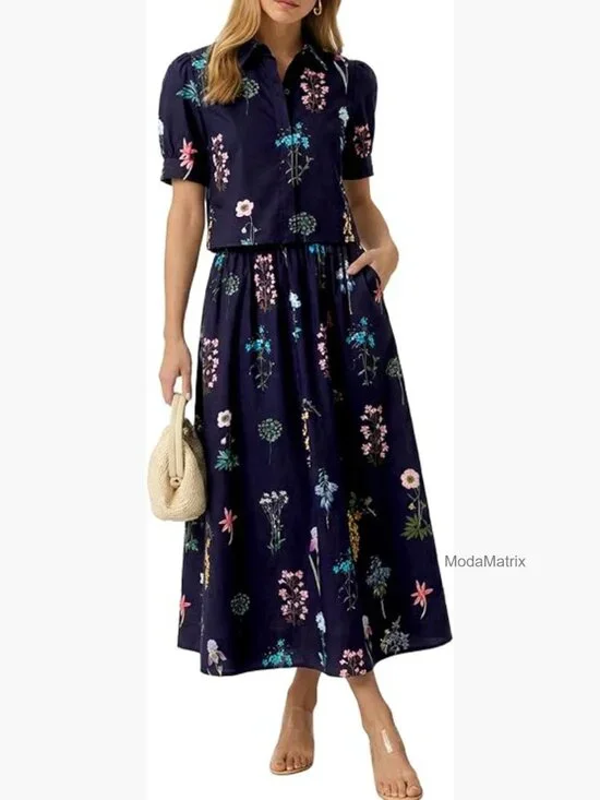 2 Piece Floral Skirt Set Puff Sleeve Blouse Elastic Waist Matching Vacation