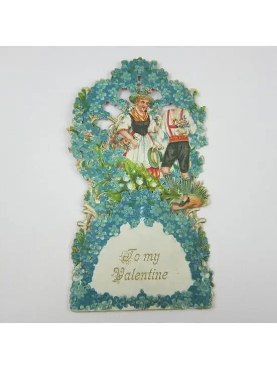 Vintage Valentine 3D Pop Up Die Cut German Girl Red Boy Lederhosen Blue Flowers