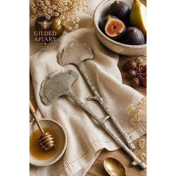 Vintage Ginkgo Leaf Salad Servers Silver Tone Botanical Serving Utensils