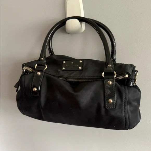 Kate Spade New York Black Nylon Satchel Bag Patent Leather Handle Shoulder Bag