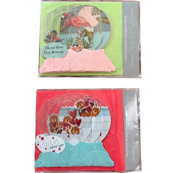 2 Pop-Up Snow‎ Globe Greetings Card Stationery Note Cards Otter Flamingo Love
