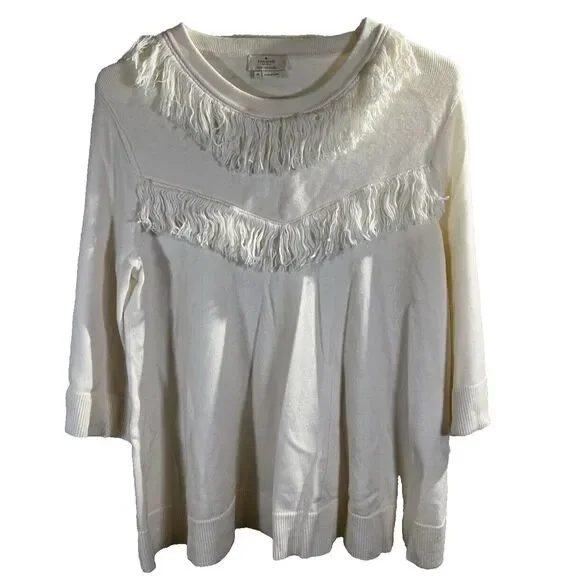 Kate Spade Ivory Wool Blend Fringe‎ Scoop Neck Soft Sweater Women's Size Medium