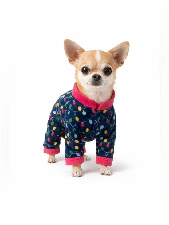 small dog blue and pink christmas lights jammie’s