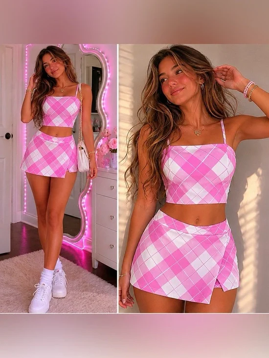 Rue21 Pink Argyle Matching Set | Crop Top & Mini Skort | Y2K Barbiecore | Size L