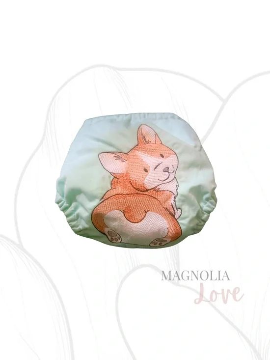🐾 NWOT Embroidered Corgi Light Green Teal Diaper Cover Handmade OS