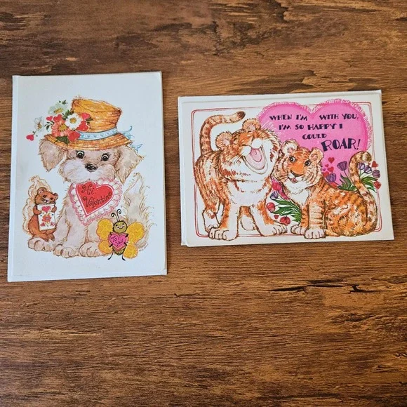 Vtg 70s 80s Current Inc Valentines Huggables Cards Puppy Tiger M.K. Howe Lot 2