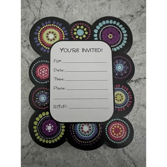 36 Count Party Invitations & Envelopes Boho Retro Floral Geometric Black Multico