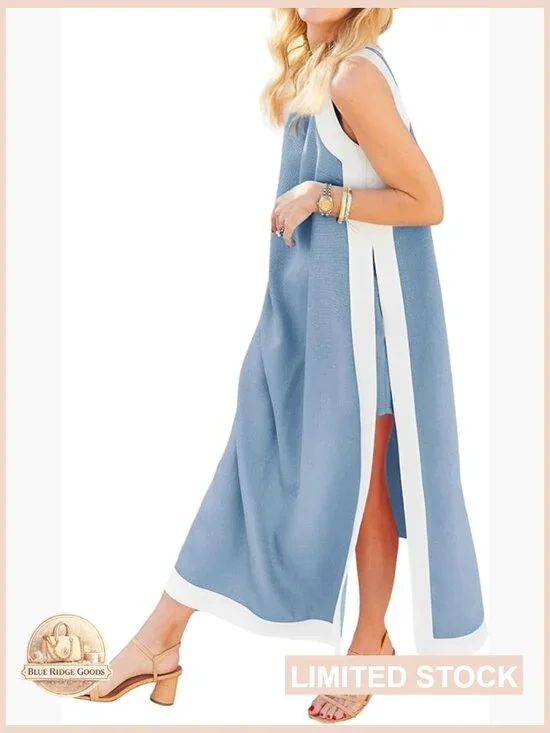 Boho Color Block Maxi Dress with Matching Shorts 2 Piece Set Sleeveless V Neck