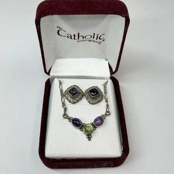 Sterling Silver Amethyst Peridot Pendant Necklace & Matching Stud Earring Set