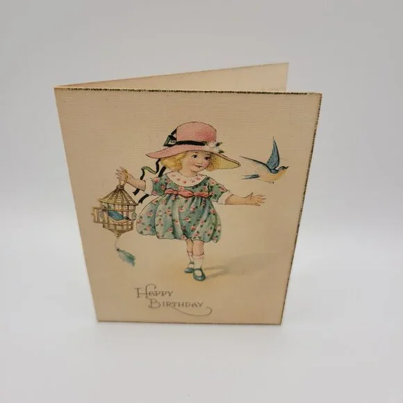 Vintage Happy Birthday Card Girl Bird Illustration Sentimental‎ Poem Crafting