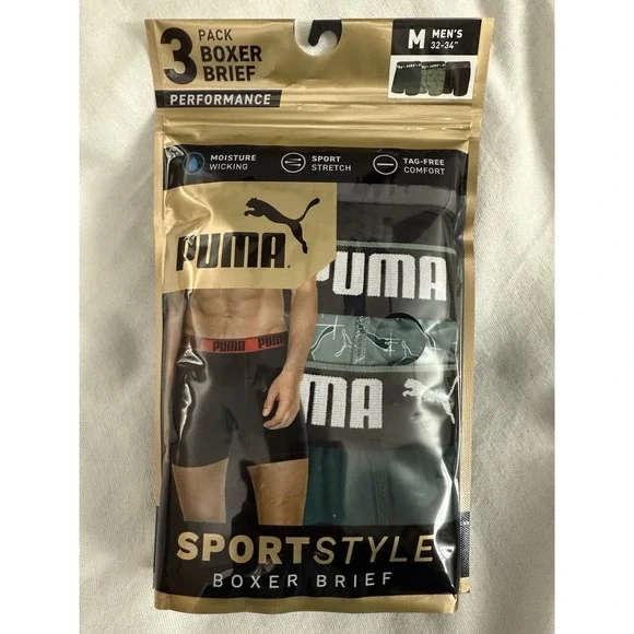 NEW PUMA SPORTSTYLE PERFORMANCE BOXER BRIEFS 3 PACK UNDERWEAR MENS MEDIUM 32-34