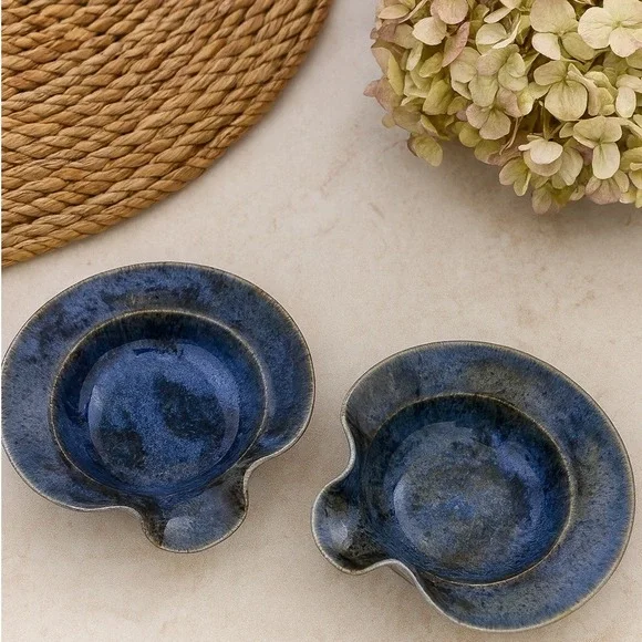 Set of 2 Blue Studio Pottery Dipping Bowls Speckled Glaze‎ Sauce Dishes Vintage