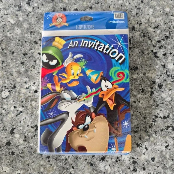 Hallmark Looney Tunes Party Invitations Kids OS Blue 1999 Vintage 8ct USA