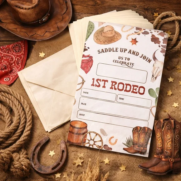 Western 1st Birthday Invitations • My First Rodeo Cowboy Party Invites Set of 20